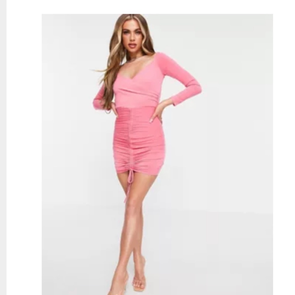 NWT! Flounce London ruched Bardot bodycon mini dress pink 4 party dance holiday